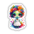 Extraterrestrial Elegance: Cute Alien in Floral Splash Dress Sticker featuring a cartoon character with flowers in her colorful hair, dressed in a whimsical floral dress. Available as stickers or digital artwork.