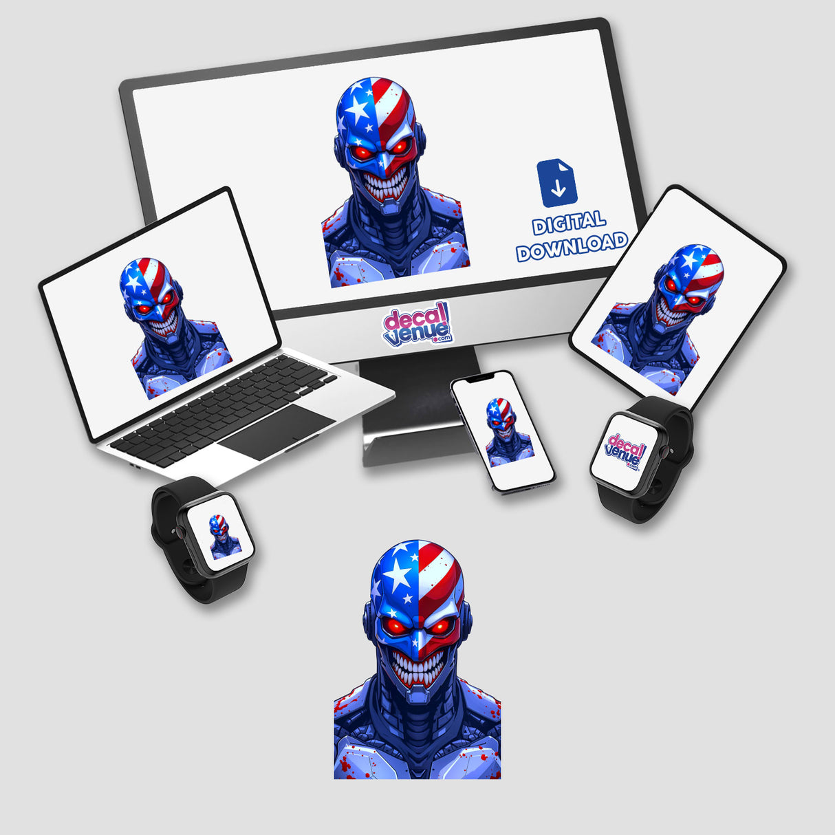 A Cool American Flag Army Cyborg displayed on a computer monitor and laptop screen, available as stickers or digital artwork, highlighting its unique cartoonish design.