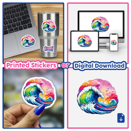 Collage showcasing Rainbow Waves: Crashing Waters stickers, depicted on a cup, laptop, and held in hand, highlighting versatile applications for this unique decal. Available as stickers or digital artwork.