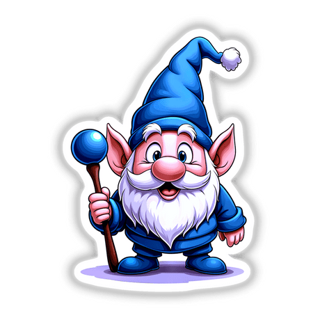 A Funny Magical Gnome cartoon holding a staff, wearing a blue hat, available as stickers or digital artwork from Decal Venue, known for unique vinyl stickers and digital art.