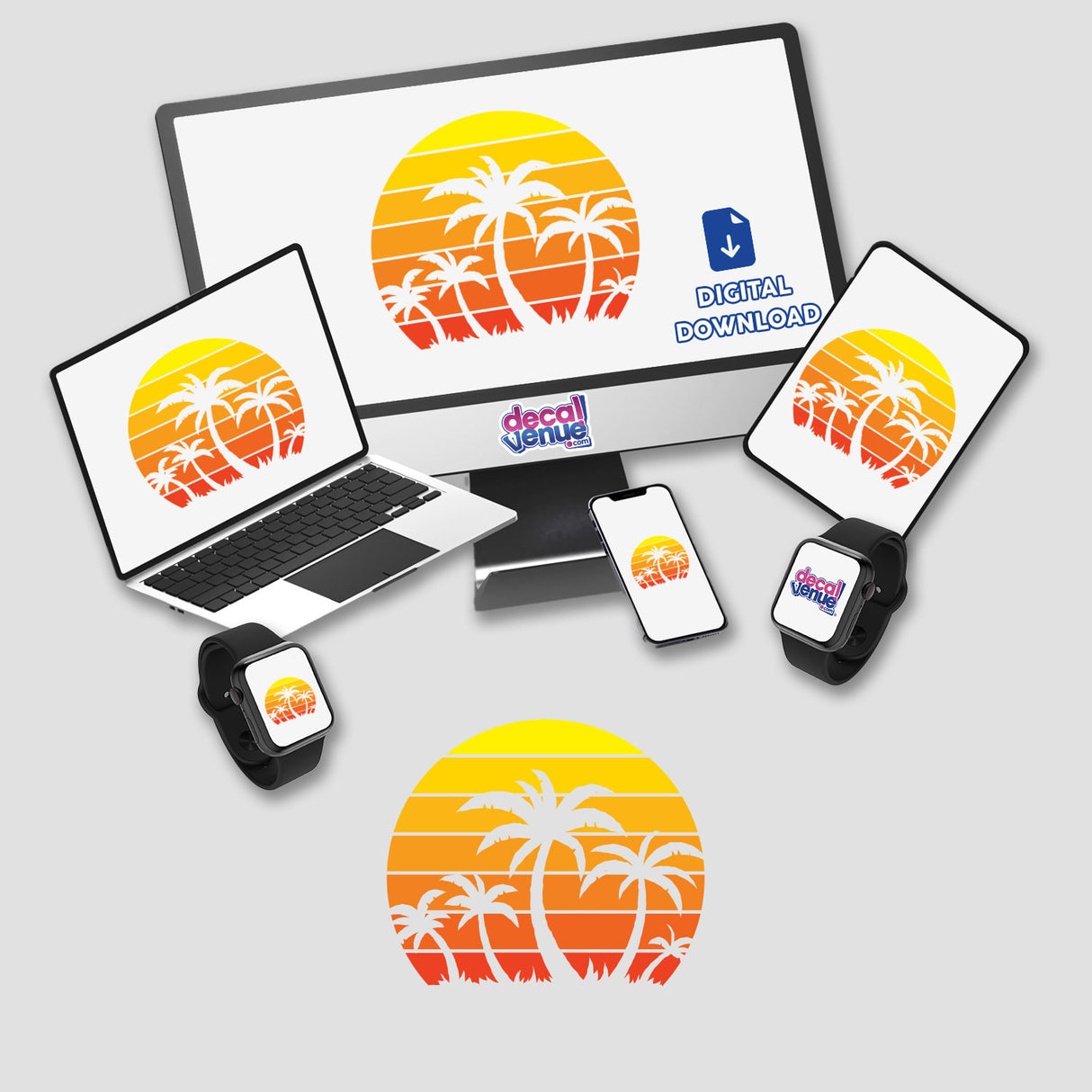 Retro Vintage Sunset and Palm Trees depicted on a laptop, phone, and monitor, emphasizing digital artwork or stickers. Elements include palm trees and sunset graphics, aligning with Decal Venue's unique design offerings.