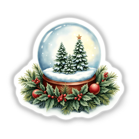 Festive Snow Globe in a Christmas Wreath featuring trees, a star, and berries, offered as stickers or digital artwork, capturing the holiday spirit with intricate details.