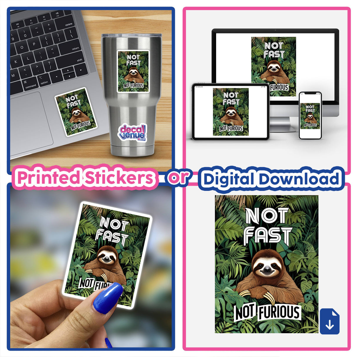 Collage featuring a laptop adorned with a Relaxed Sloth Amid Lush Tropical Leaves sticker, showcasing bold “Not Fast, Not Furious” typography. Ideal for unique vinyl stickers or digital artwork.