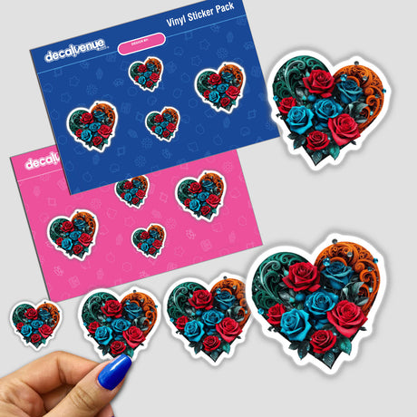 Floral Heart with Red and Blue Roses; stickers feature heart-shaped designs adorned with intricately detailed roses, ideal for Valentine's Day or decorative use. Available as physical or digital artwork.