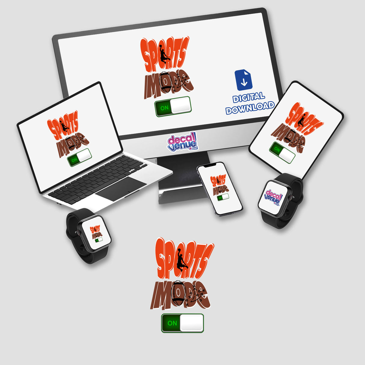 Sports Mode stickers or digital artwork featuring a computer monitor, laptop, and smart watch screens.