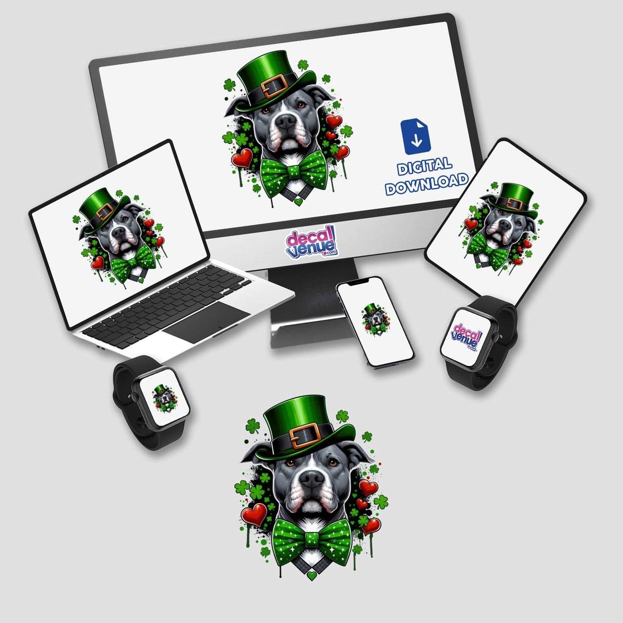 Irish Pitbull with Hearts and Clovers Splatter displayed on computer monitor and laptop screens, featuring a dog with a hat and bow tie. Available as stickers or digital artwork.