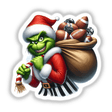 Green Grouch Santa Stole Football II features a cartoon Grinch holding a sack of footballs and a candy cane, available as stickers or digital artwork, embodying Decal Venue's unique style.