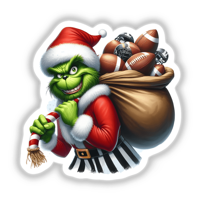 Green Grouch Santa Stole Football II features a cartoon Grinch holding a sack of footballs and a candy cane, available as stickers or digital artwork, embodying Decal Venue's unique style.