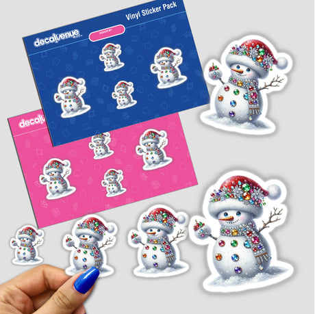 Jeweled Snowman in Santa Hat sticker pack, featuring cartoon snowmen adorned with colorful gems. Perfect for adding festive charm to your collection.