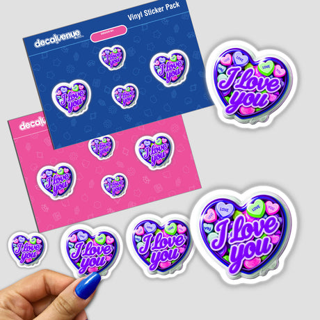 I Love You Valentine's Day Heart stickers held in a hand, featuring heart-shaped designs and text. Available as stickers or digital artwork from Decal Venue.