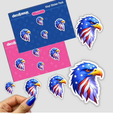 A Cool American Flag Eagle sticker, featuring a stylized eagle design with stars, held in a person's hand. Part of Decal Venue's unique sticker collection, available also as digital artwork.