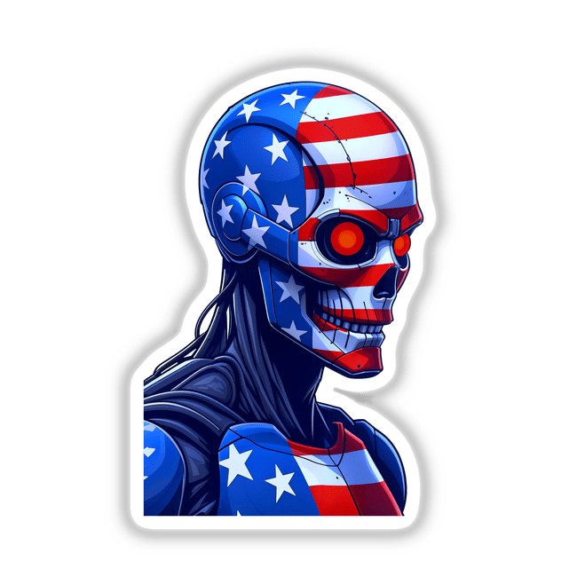 A Cool American Flag Army Cyborg sticker featuring a stylized skull with an American flag design, perfect as a unique graphic decal or digital artwork.