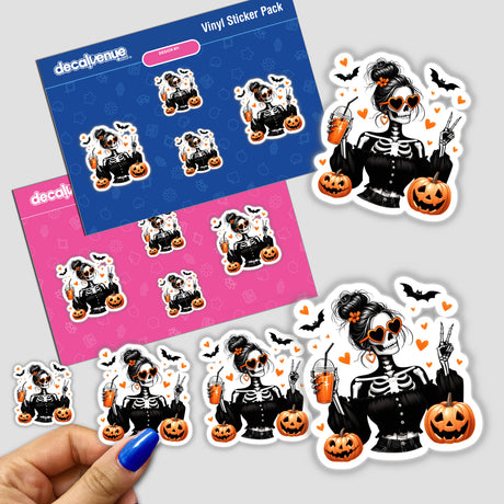 Halloween Skeleton Zombie Girl sticker pack featuring bats, hearts, and a woman in a skeleton costume holding a drink, perfect for spooky-themed decorations or digital artwork.