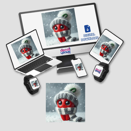 Chili Pepper themed digital artwork featuring a red cartoon character with a knitted hat and scarf displayed on a monitor, laptop, and phone, available as stickers or digital art.