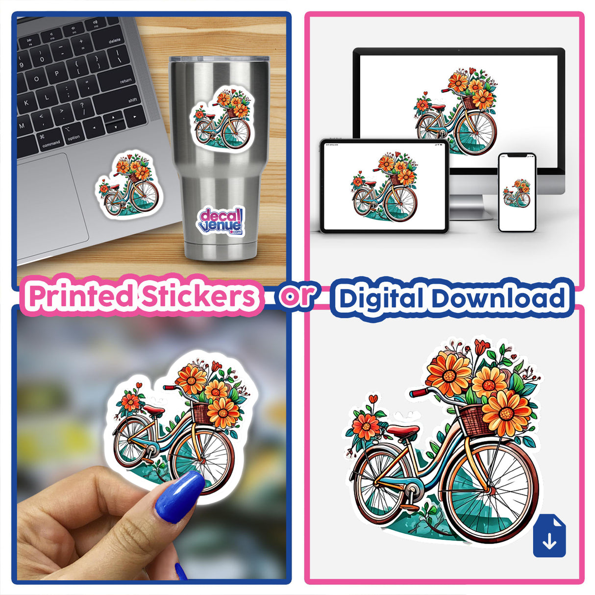 Floral bicycle with vibrant blooms and greenery, printed on a sticker, laptop, and mobile devices, showcasing the versatility of this digital artwork from the Decal Venue store.