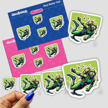 Mergulhador Verdão sticker pack featuring cartoon divers, held by a person’s hand, available as unique stickers or digital artwork from Decal Venue.