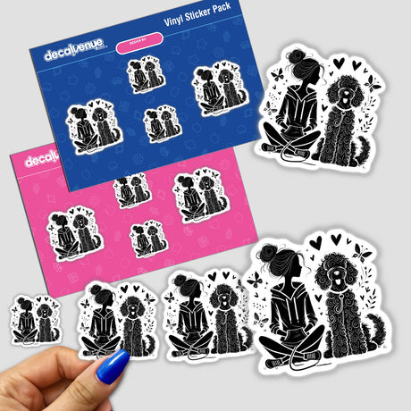 Goldendoodle Dog Mom sticker featuring a woman and her dog, held in hand. Available as a sticker or digital artwork from Decal Venue's unique collection.