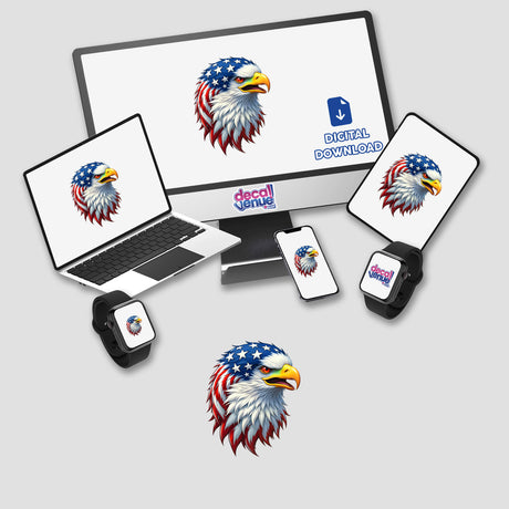 A Cool American Flag Eagle depicted on a computer monitor and laptop, available as stickers or digital artwork, showcasing a bald eagle integrated with an American flag design.