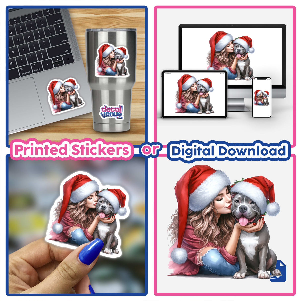 Collage featuring Santa Christmas Lady Loves Her Pitbull design, depicting a woman in a Santa hat affectionately holding and kissing a dog, available as stickers or digital artwork.