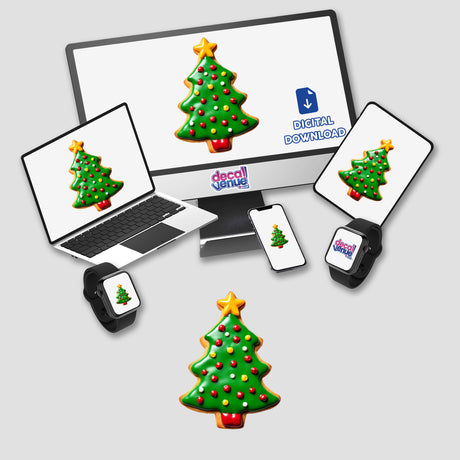 Festive Christmas Tree Decorated Cookie Design featured on various digital screens, including a computer monitor, laptop, tablet, smartphone, and smartwatch. Available as Stickers or Digital Artwork.