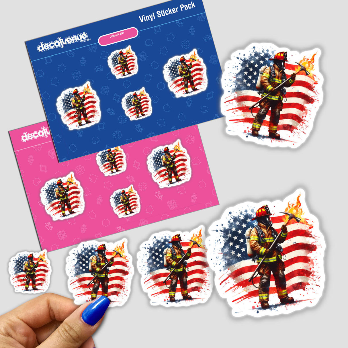 American Firefighter Rescue sticker pack featuring various firefighters with equipment, including axes and hoses, embodying bravery and dedication. Available as stickers or digital artwork from Decal Venue.