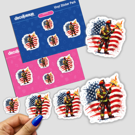 American Firefighter Rescue sticker pack featuring various firefighters with equipment, including axes and hoses, embodying bravery and dedication. Available as stickers or digital artwork from Decal Venue.