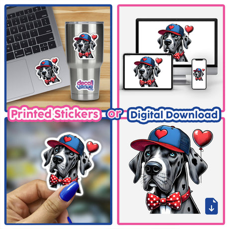 Collage featuring Great Dane Dog with Heart Hat, shown in various scenarios, including wearing a hat and bow tie, and depicted as a laptop sticker. Available as stickers or digital artwork.