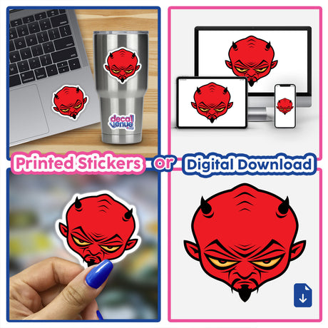 Devil Dude stickers collage, featuring various red devil faces with horns, perfect for laptops or personal items. Available as single stickers or in a pack from Decal Venue.