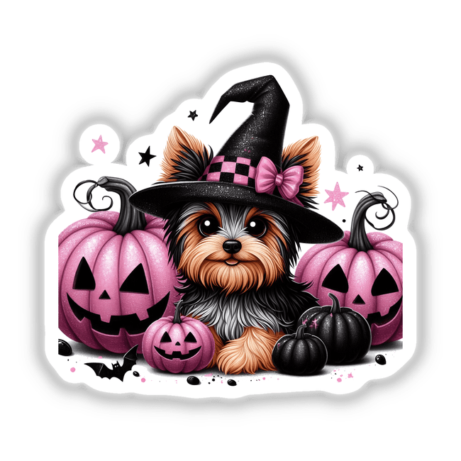 Cute Halloween Yorkie dog with glitter pumpkins, black hat, and pink bow tie against a white background