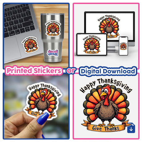 Happy Thanksgiving Turkey Give Thanks stickers on a laptop, stainless steel cup, and phone, available as stickers or digital artwork for versatile decoration.