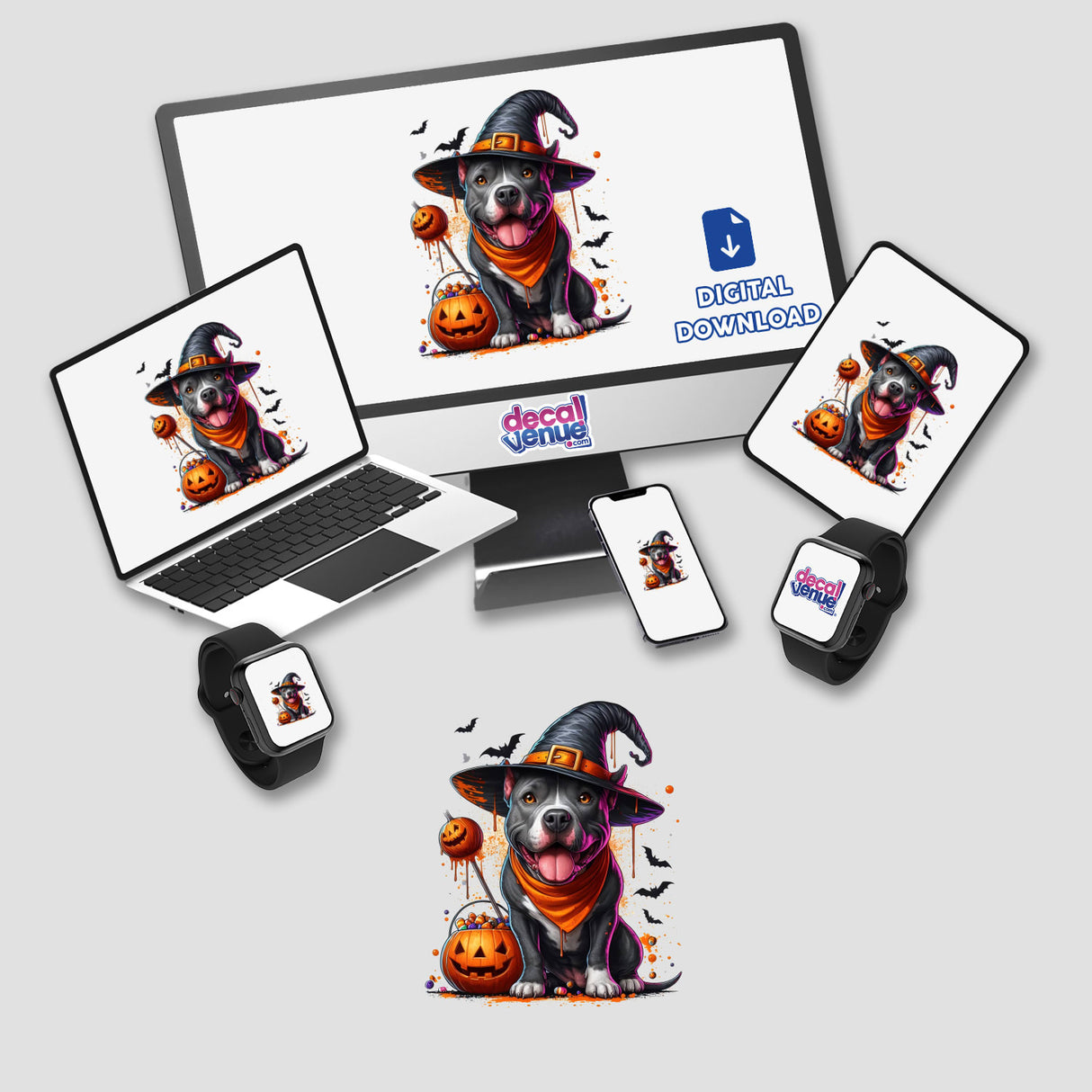 Happy Halloween Pitbull sticker or digital artwork featuring a playful dog wearing a hat, holding a pumpkin basket, displayed on a computer monitor and laptop screen.