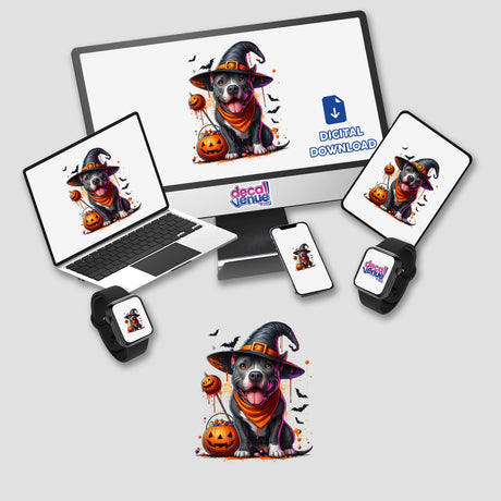 Happy Halloween Pitbull sticker or digital artwork featuring a playful dog wearing a hat, holding a pumpkin basket, displayed on a computer monitor and laptop screen.