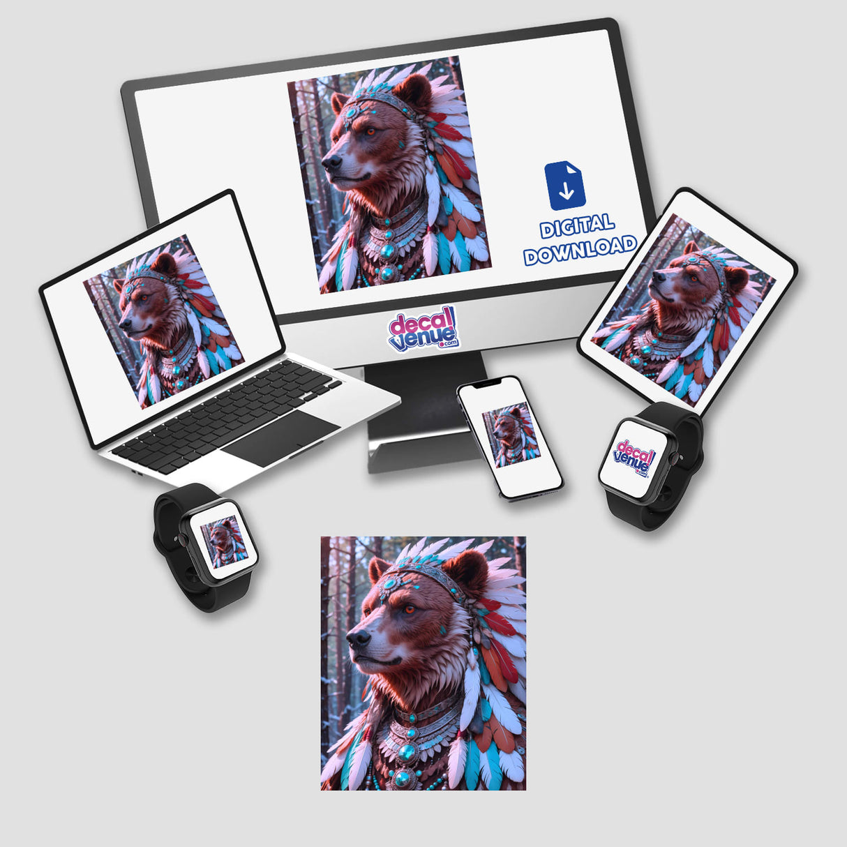 Native American Warrior Bear depicted on a computer monitor and laptop screen, available as stickers or digital artwork, showcasing a bear wearing a feather headdress.