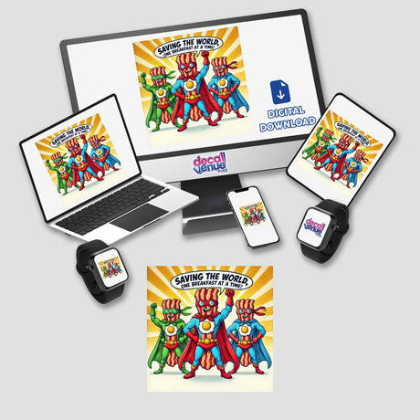 Bacon Brigade stickers or digital artwork featuring a fun group of bacon superheroes on various devices, highlighting the theme Saving the world, one breakfast at a time.