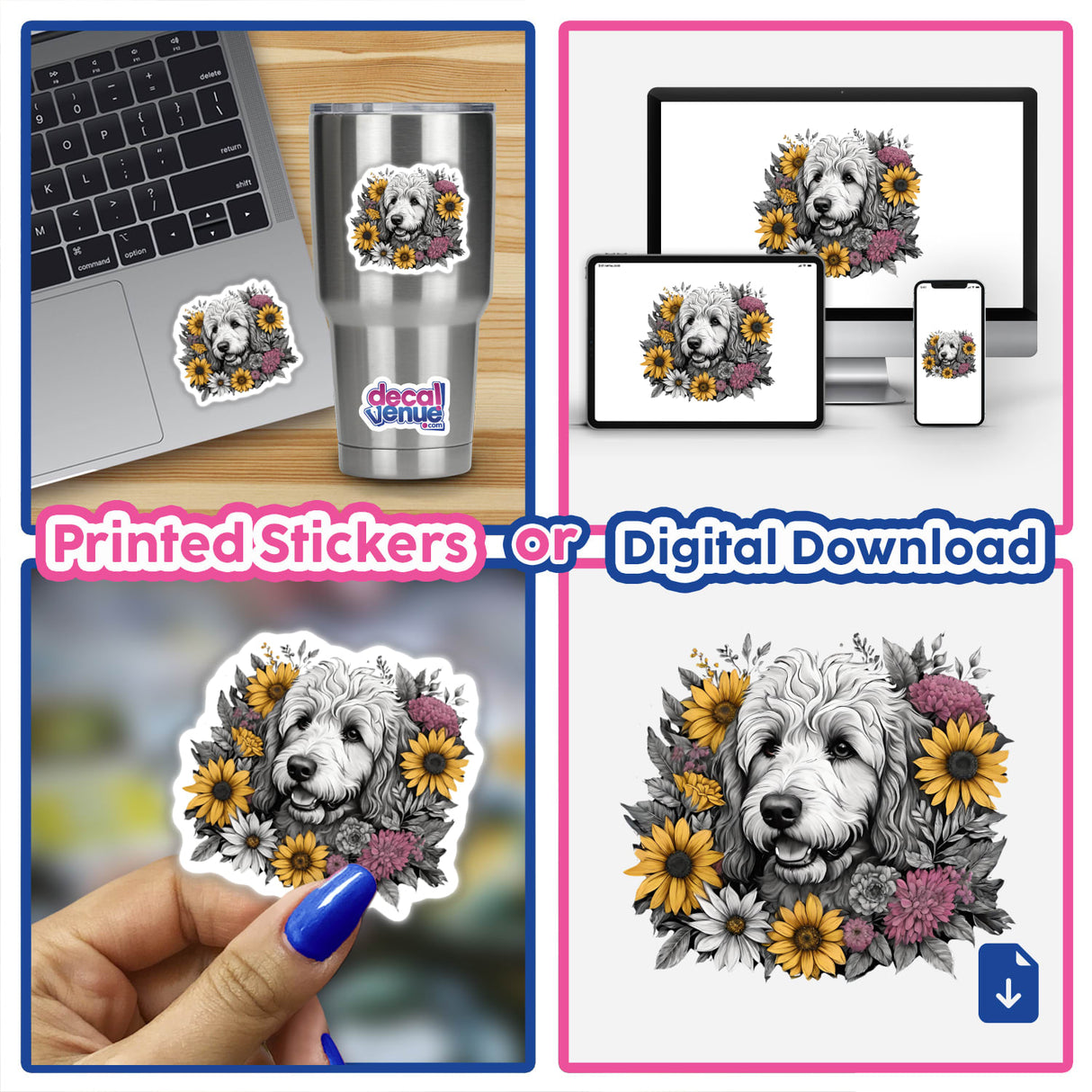 Cute golden doodle dog portrait surrounded by vibrant sunflowers and florals, available as printed stickers or digital download from Decal Venue.