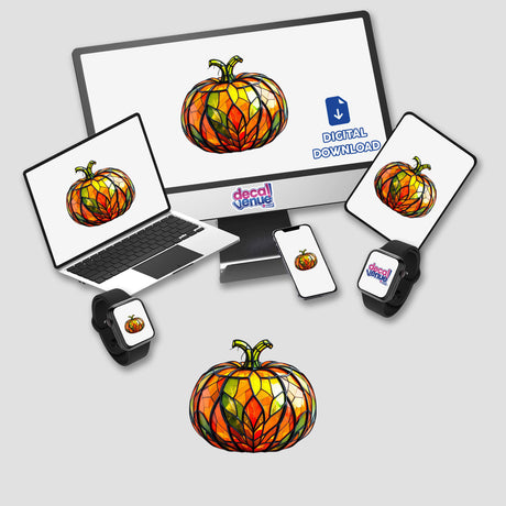 Pumpkin Stained Glass Style: Laptop screen displaying a colorful pumpkin, accompanied by smart watches. Available as stickers or digital artwork, embodying Decal Venue’s unique flair in digital art and stickers.