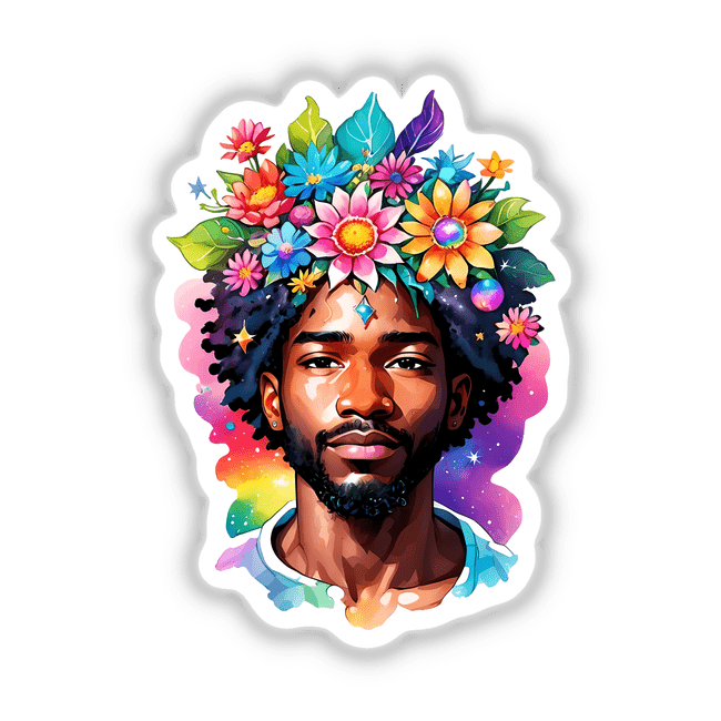 Cosmic Chakra Hippie Sticker depicts a bearded man with vibrant flowers on his head, blending spiritual and metaphysical elements in an abstract kawaii design. Available as stickers or digital artwork.