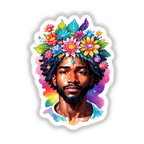 Cosmic Chakra Hippie Sticker depicts a bearded man with vibrant flowers on his head, blending spiritual and metaphysical elements in an abstract kawaii design. Available as stickers or digital artwork.