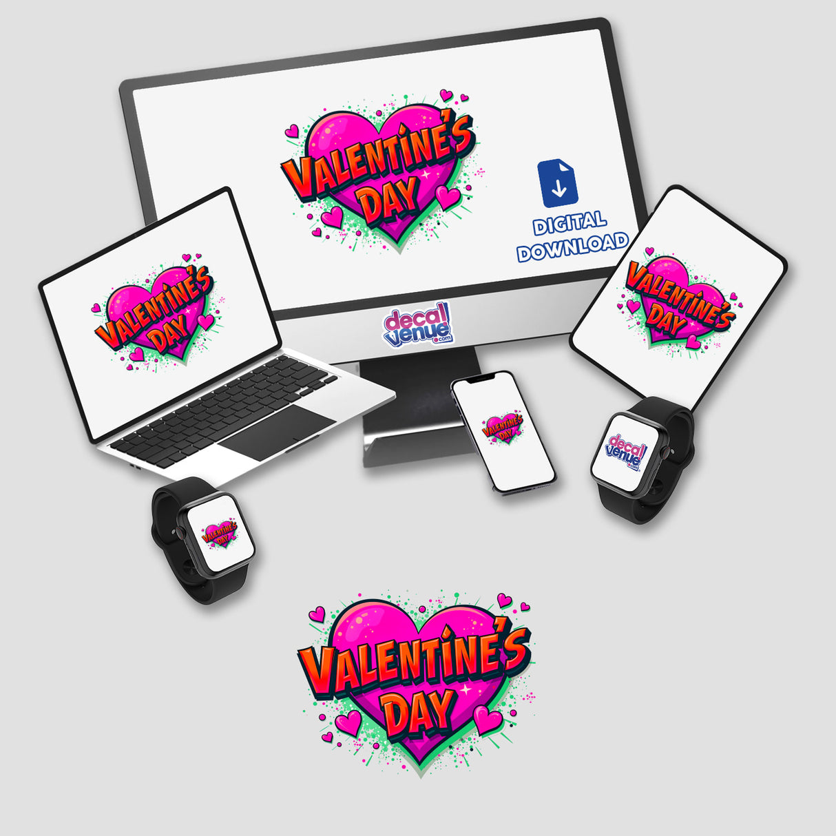 Valentine's Day Love Heart digital artwork featuring a heart logo on a computer monitor and laptop, symbolizing affection. Available as unique stickers or digital art from Decal Venue.