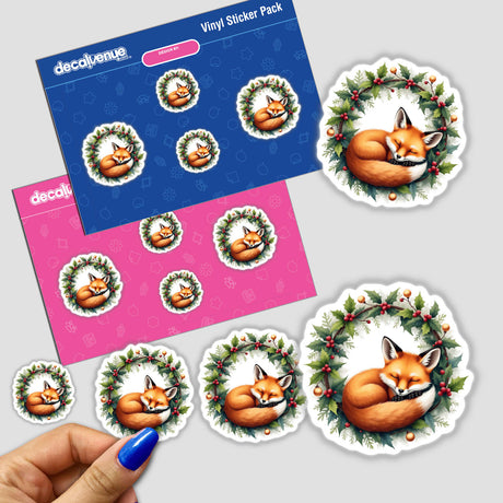 Sleeping Fox in a Christmas Wreath sticker, showcasing a cartoon fox curled up peacefully within a festive wreath. Available as both stickers and digital artwork, embodying Decal Venue's unique artistic style.