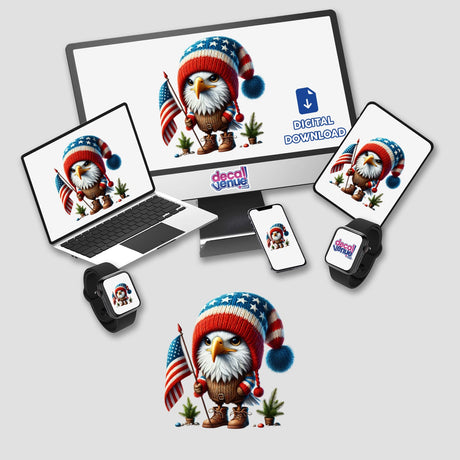 Patriotic eagle gnome with USA flag displayed on various digital devices from Decal Venue's product collection