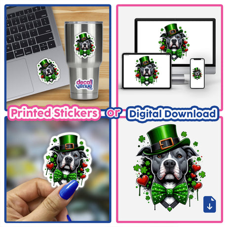 Irish Pitbull with Hearts and Clovers Splatter sticker, featuring a dog in a hat and bow tie, displayed on a laptop. Available as stickers or digital artwork from Decal Venue.