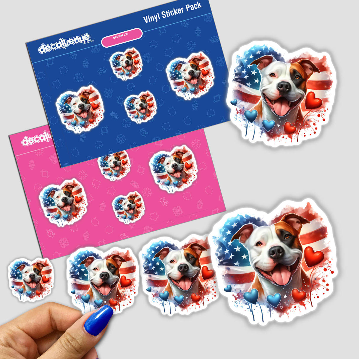 Patriotic pitbull puppy stickers with American flag design, featuring a happy smiling dog surrounded by hearts and stars on a pink and blue background.