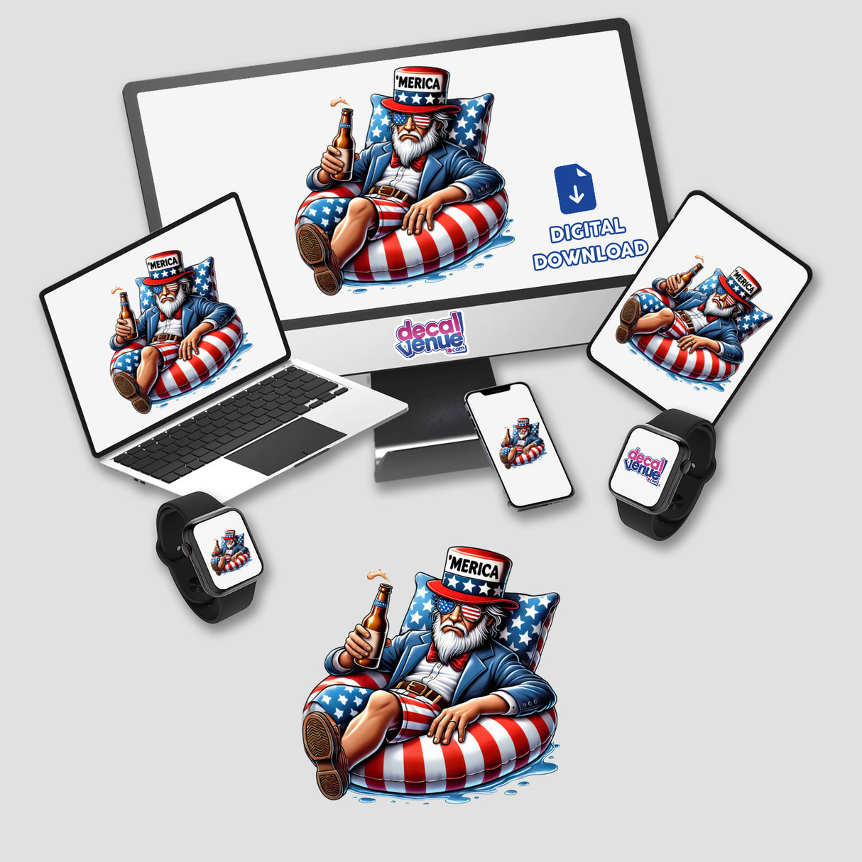 Uncle Sam American Flag Float Merica sticker or digital artwork showing a cartoon man in a patriotic outfit sitting on a float, displayed on various devices including laptop, smartwatch, and phone screens.