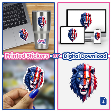 Collage featuring a laptop adorned with 'A Cool American Flag Lion' sticker, highlighting the unique design of a lion's head with flag elements, available as stickers or digital artwork.