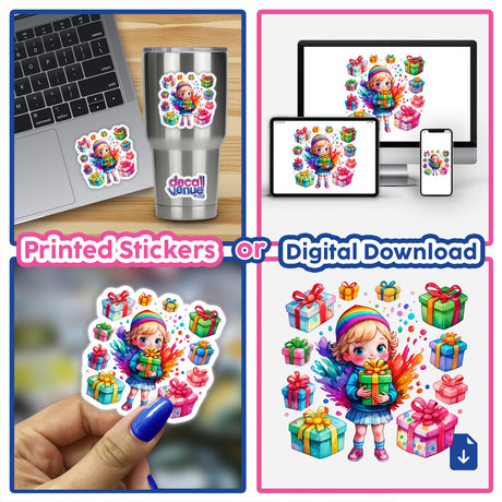 Christmas Delight: Cute Kid Surprised with Presents Sticker features a collage of a cartoon girl holding a gift, perfect for laptops, cups, and more. Available as stickers or digital artwork.