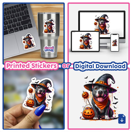 Collage featuring the Happy Halloween Pitbull sticker, depicting a pitbull in a hat with a pumpkin basket. Seen on a cup, laptop, and held in hand. Available as stickers or digital artwork.