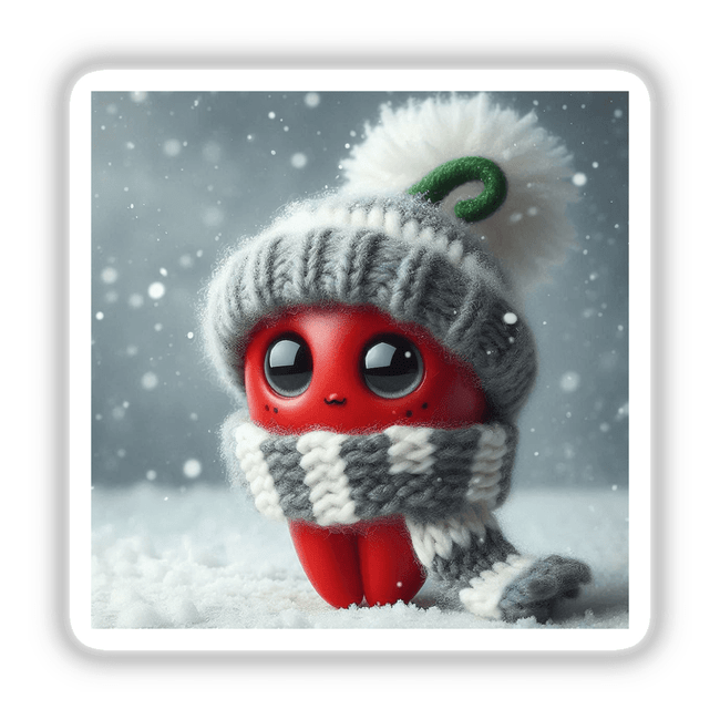 Chili Pepper toy wears a cozy hat and scarf, embodying winter charm. Available as stickers or digital art, it reflects Decal Venue's unique style in vinyl stickers and digital creations.