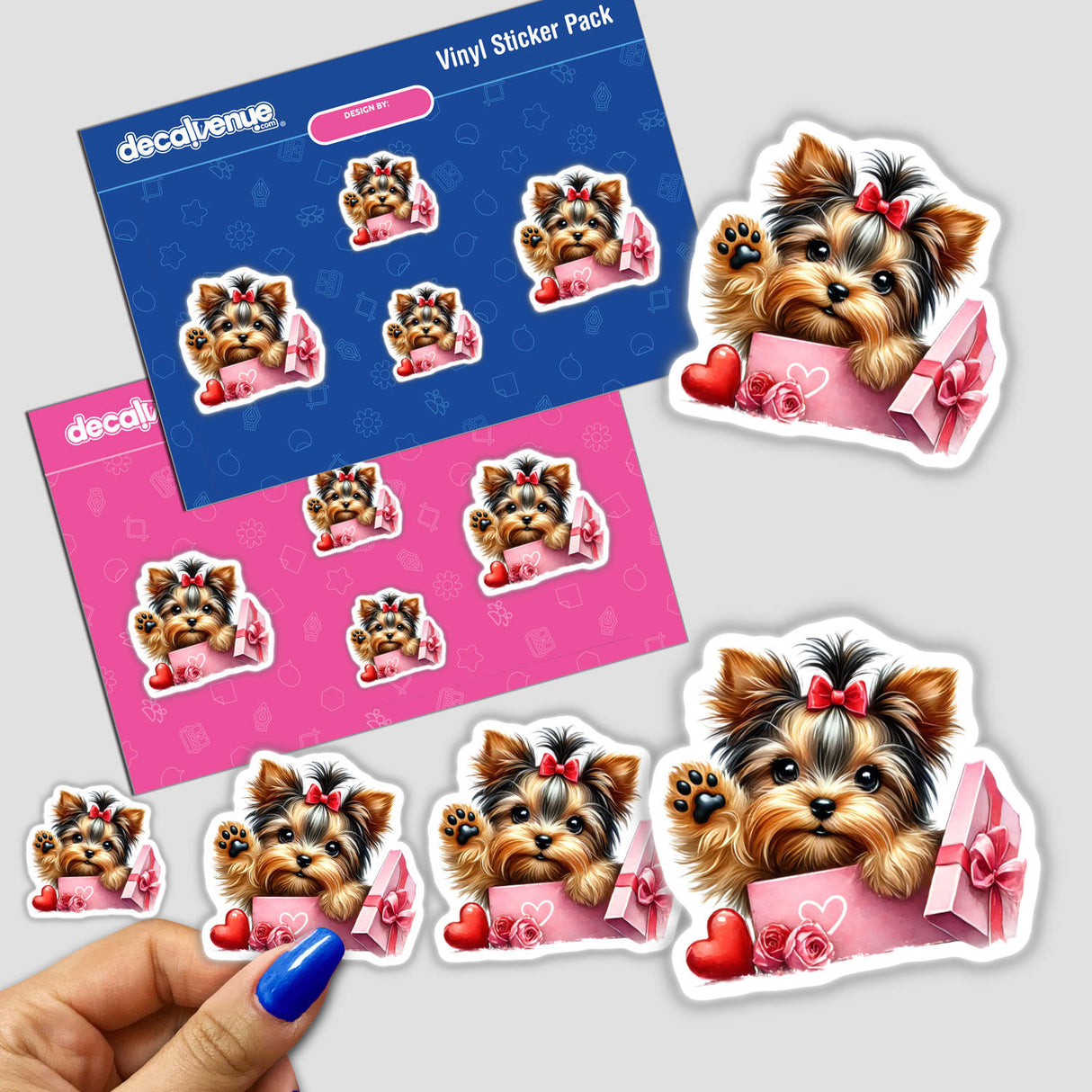 Valentine Peek a Boo Watercolor Yorkie Dog sticker features a cartoon-style dog with a bow in a gift box. Available as stickers or digital artwork from Decal Venue.