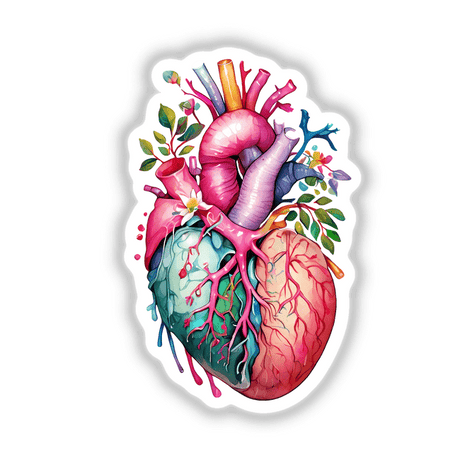 Botanical Heart Sticker - Organic Floral Kawaii Nature-Inspired Design: A vibrant human heart adorned with intricate flowers and leaves, available as stickers or digital artwork.